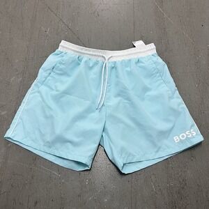 Hugo Boss Mens Light Blue Swim Trunks Elastic Waist Drawstring Beachwear Large